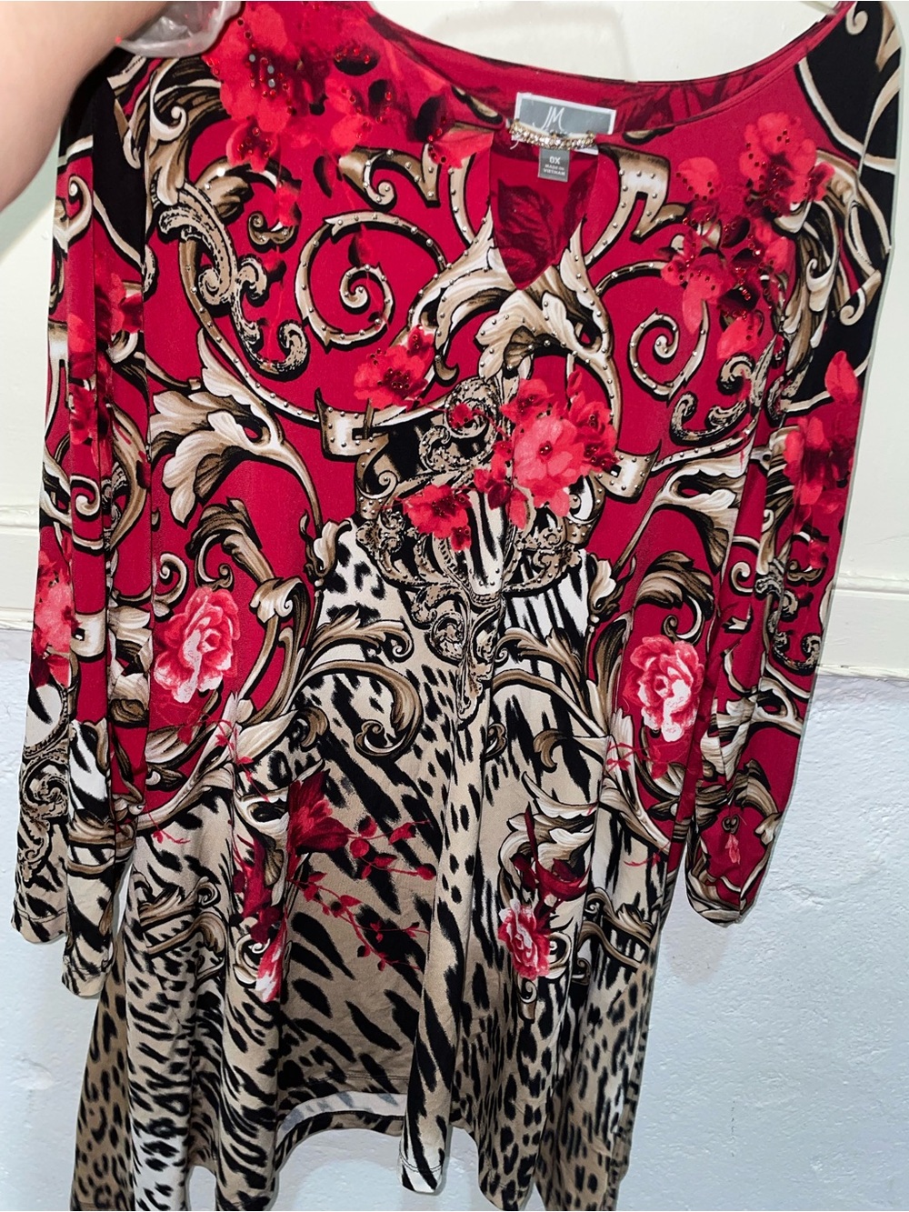 JM Collection Red Baroque & Animal Print Embellished Tunic Top – Size 0X